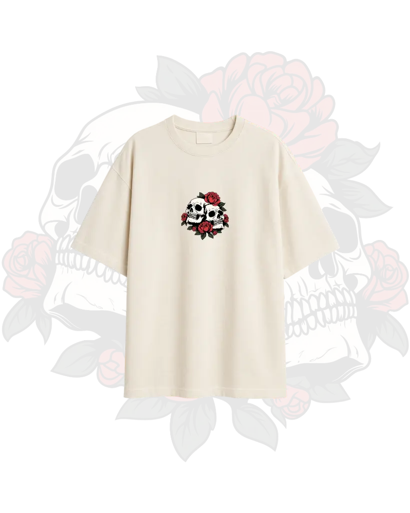 🐍🌹 Skulls, Roses & Serpent – Beige Oversized Cotton T-Shirt