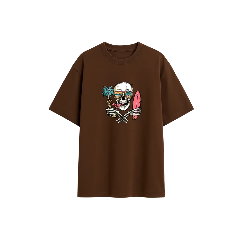 🌴 Skull Island Vibes – Brown Oversized Floral & Skeleton Graphic T-Shirt