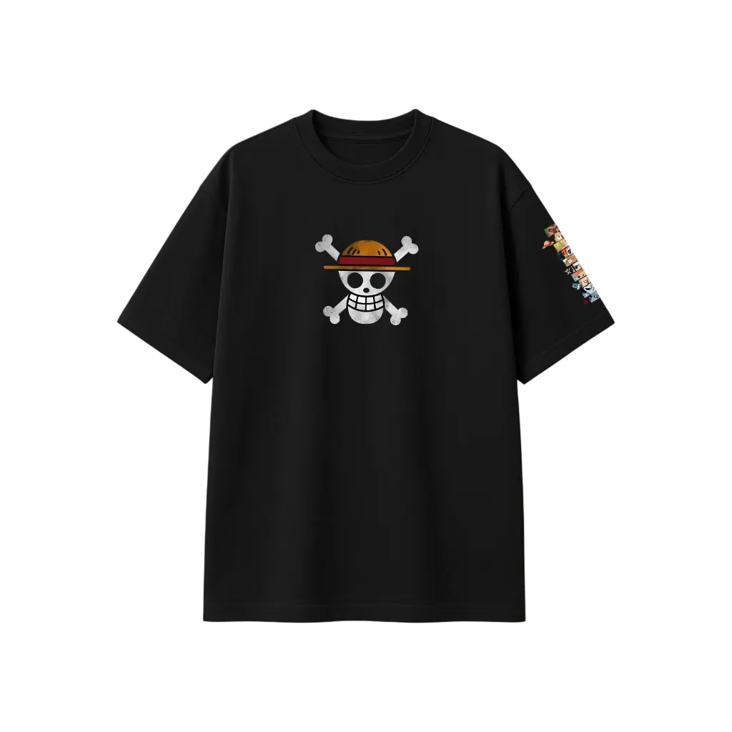 🔥 Straw-Hat Pirate Crew – Black Oversized Anime Graphic T-Shirt 