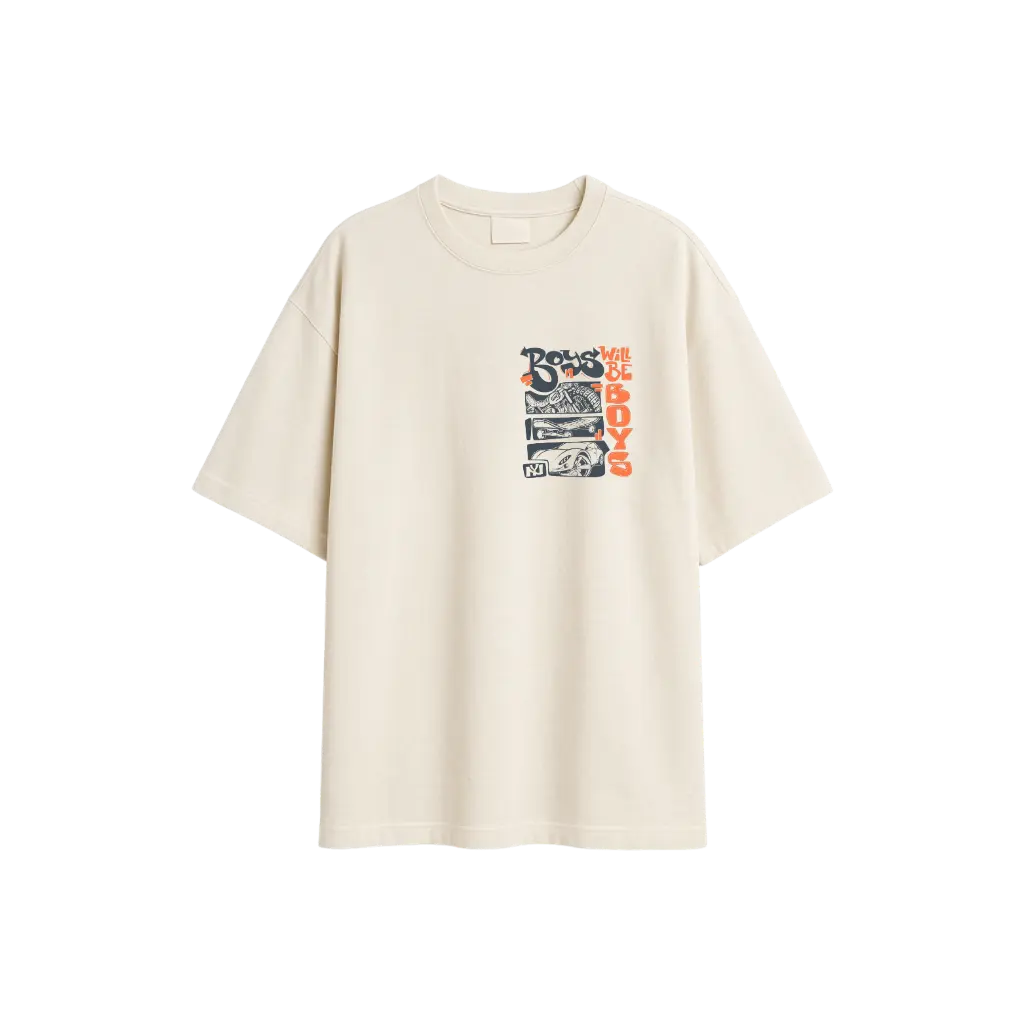 🚙 Boys Will Be Boys – Beige Oversized Streetwear Graphic T-Shirt